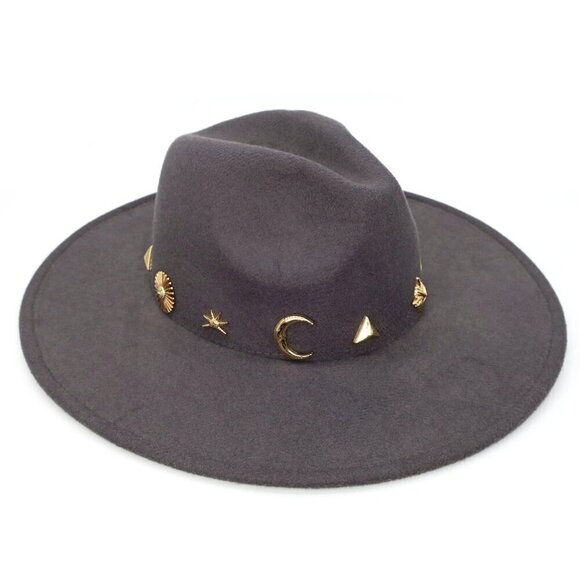 Anthropologie Charm-Trimmed Rancher Women\'s Hat Dark Grey Felt Boho Festival